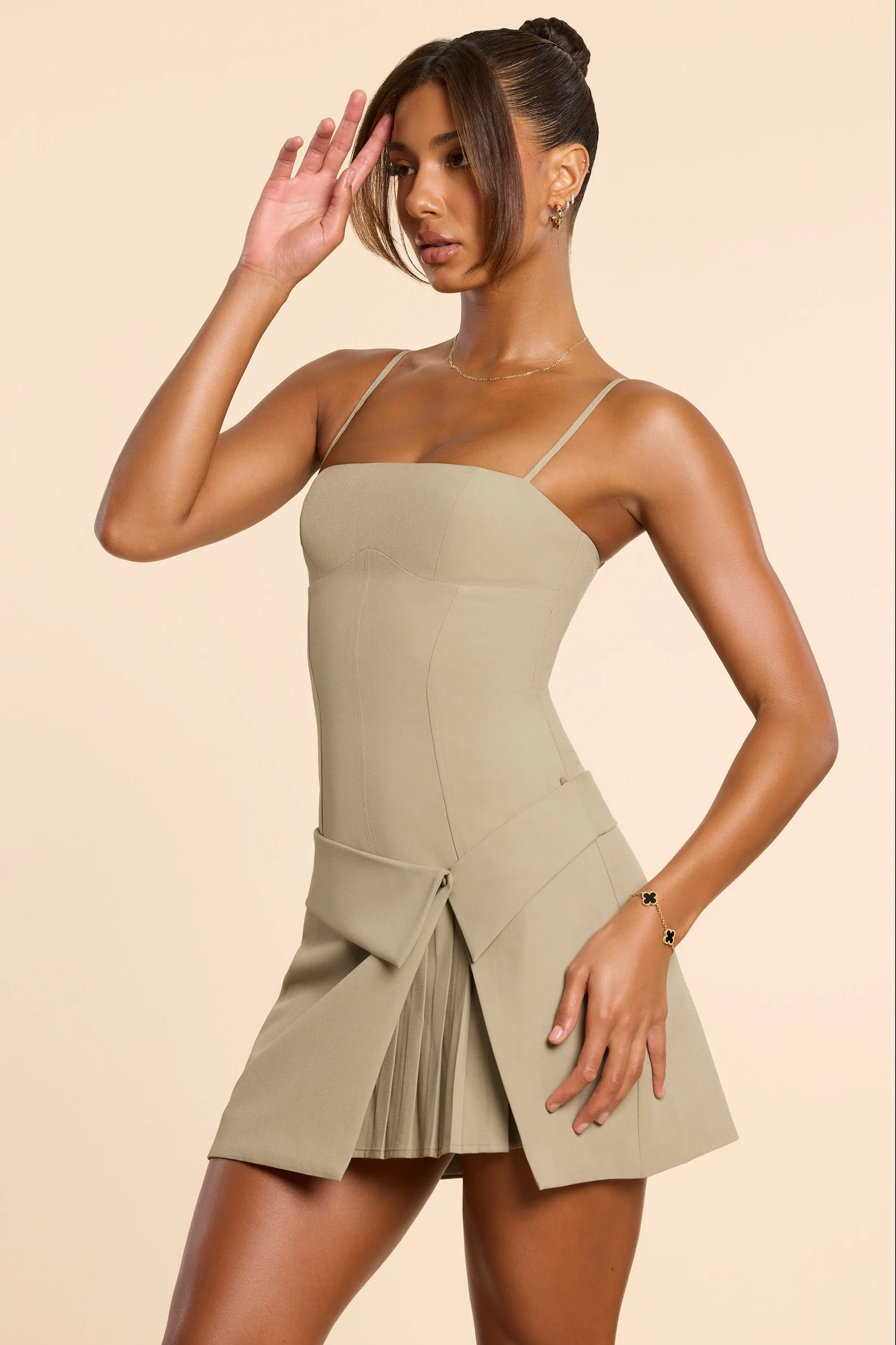 Woven Twill Wrap Over Pleated Mini Dress in Taupe Simple Chic Adjustable drawstring