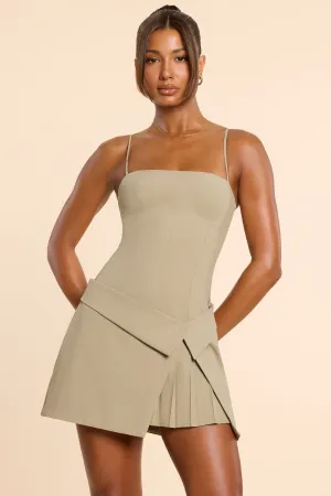Comfortable party wear Woven Twill Wrap Over Pleated Mini Dress in Taupe