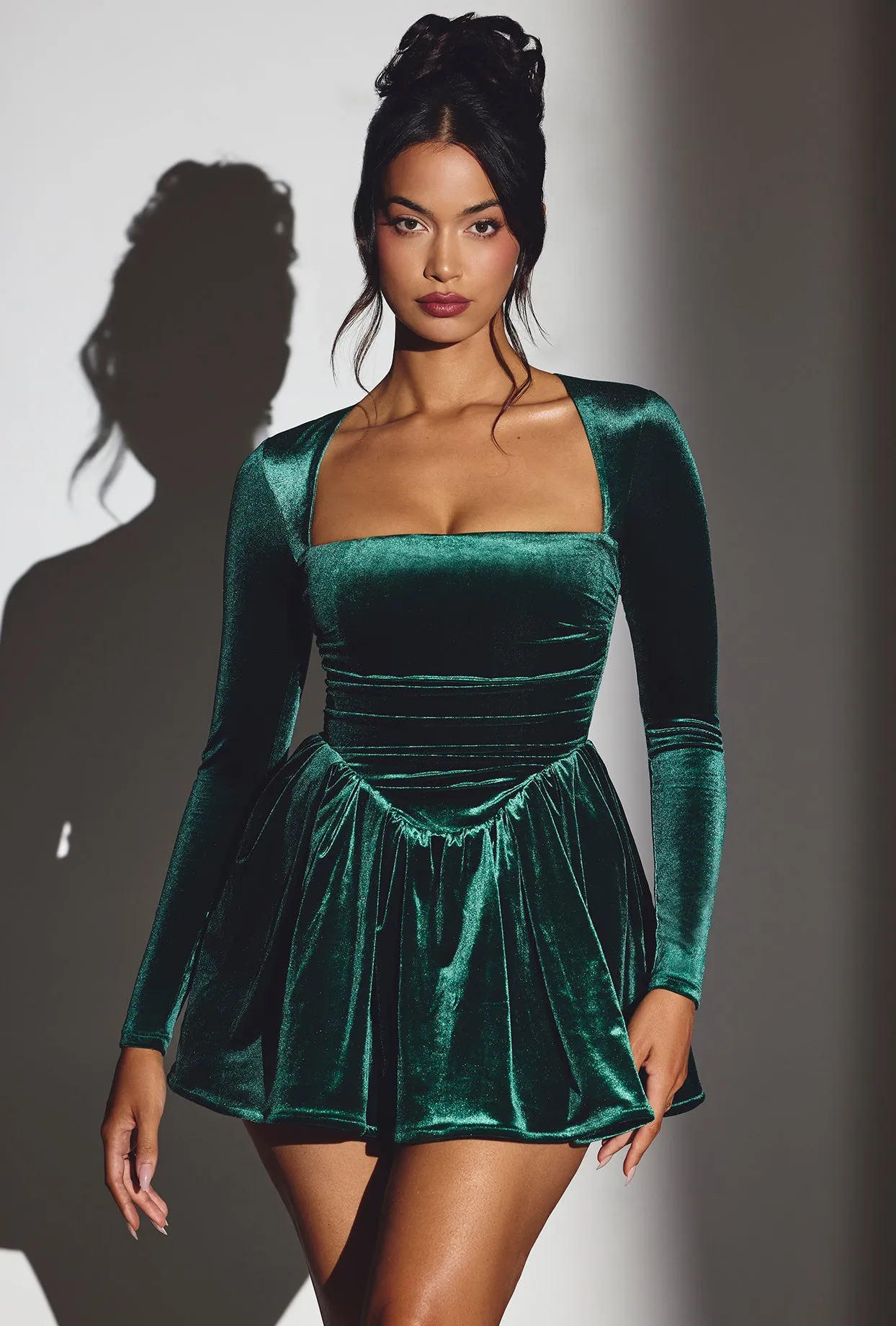 Velvet Long Sleeve Corset Mini Dress in Emerald Green Glow Edge Ventilated Underarm Panels