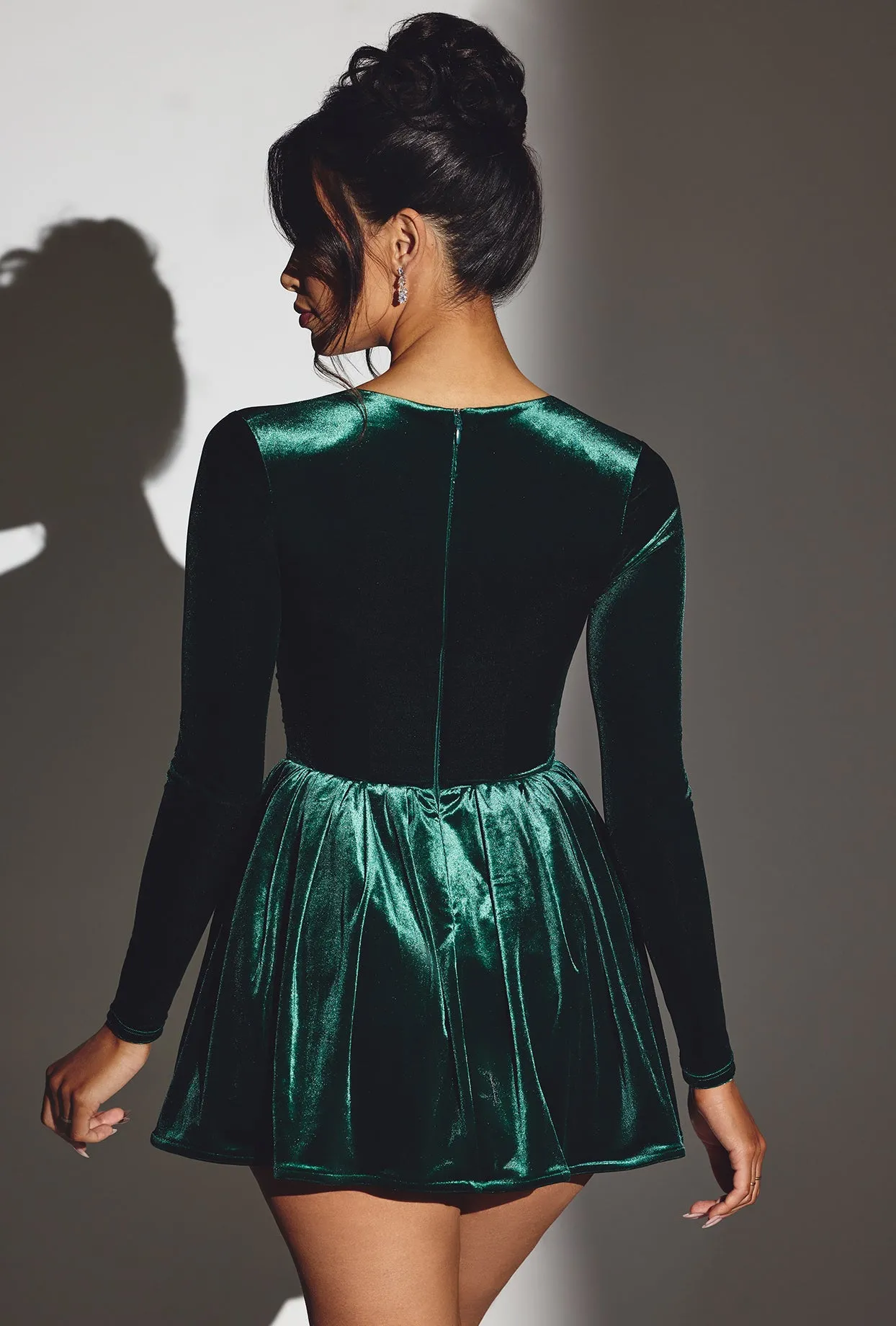 Velvet Long Sleeve Corset Mini Dress in Emerald Green Timeless Fashion Wear