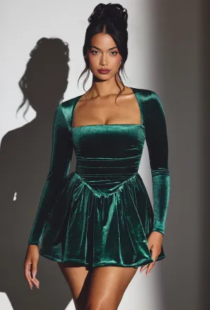 Velvet Long Sleeve Corset Mini Dress in Emerald Green Glow Edge Ventilated Underarm Panels