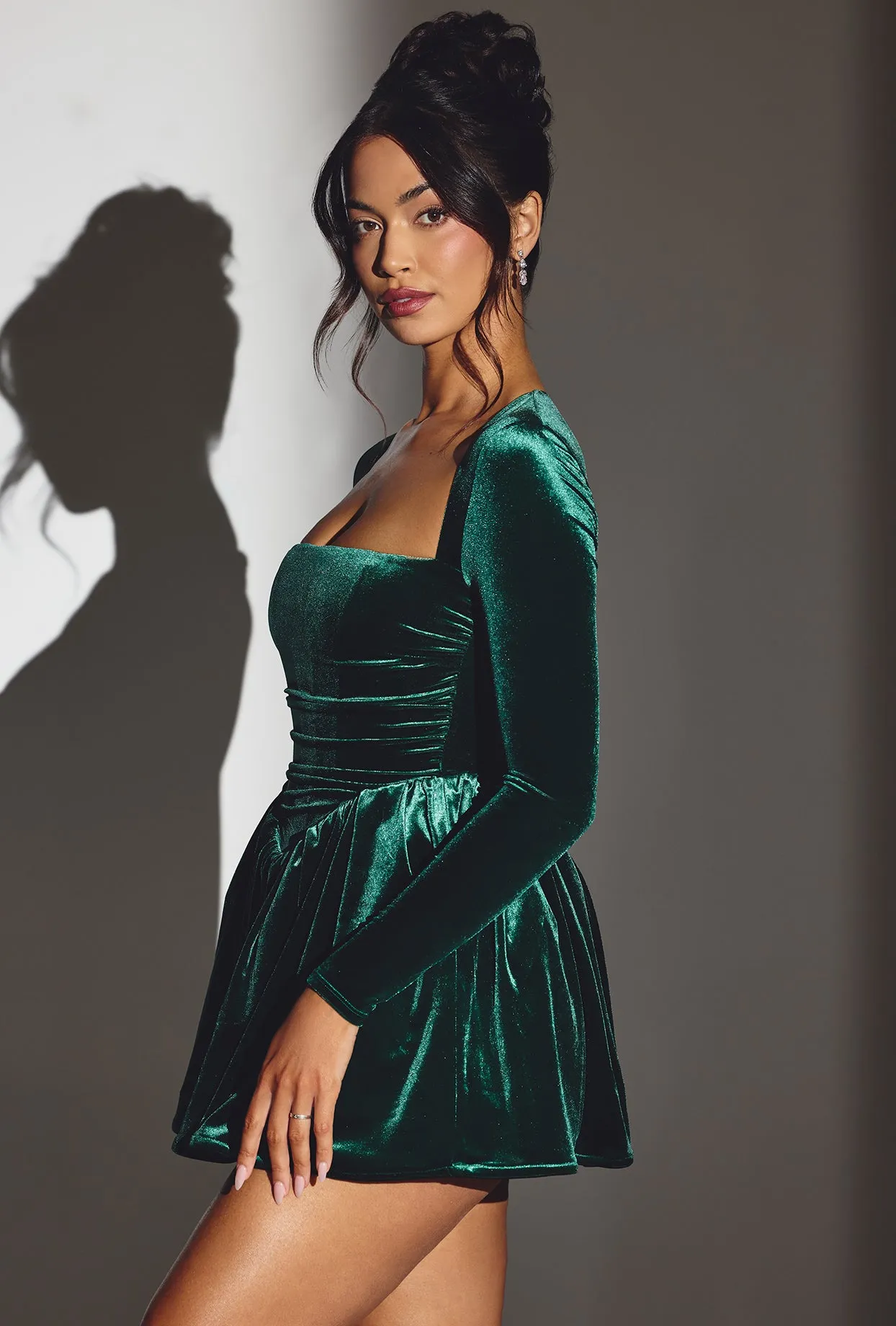 Velvet Long Sleeve Corset Mini Dress in Emerald Green Vibrant Look