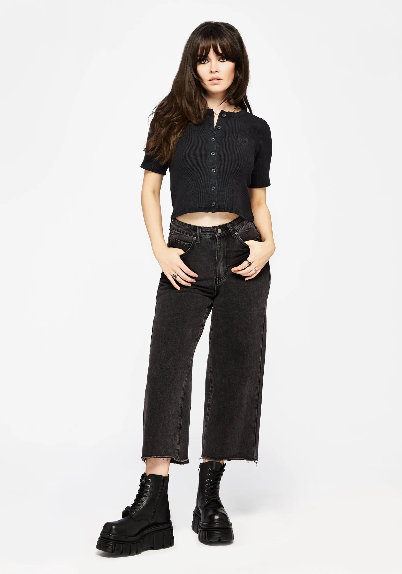 Chic Style Water Based Ink Faye Cotton-Blend Floral Embroidered Waffle Button Up Top