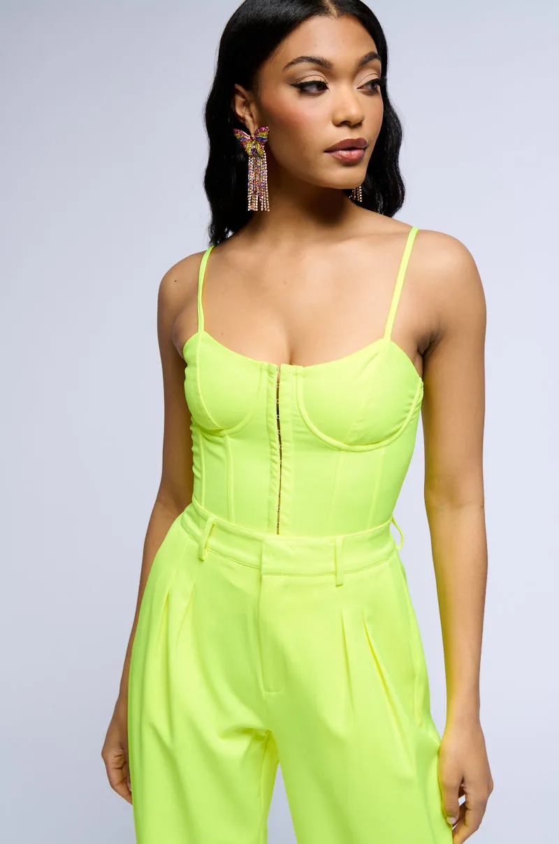 domestic users round shape LOOKING SHARP FITTED CORSET TOP IN NEON YELLOW