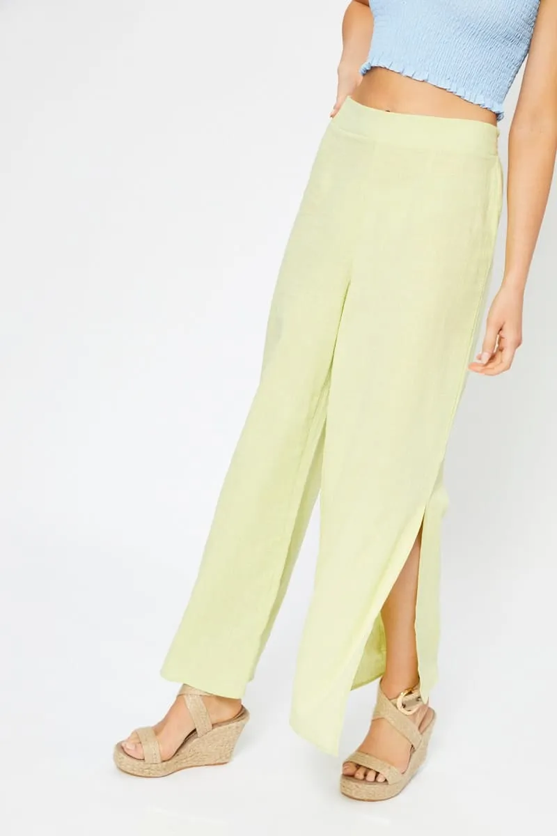 Comfortable Fashion Cozy Look Yellow Linen Blend Elastic Side Slit Wide Leg Pants