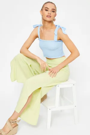 Yellow Linen Blend Elastic Side Slit Wide Leg Pants Abrasion Proof Reinforcements