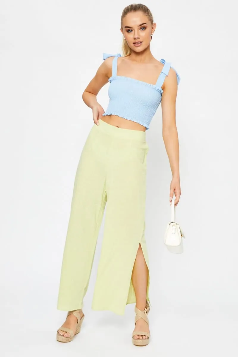 Slim Design Yellow Linen Blend Elastic Side Slit Wide Leg Pants