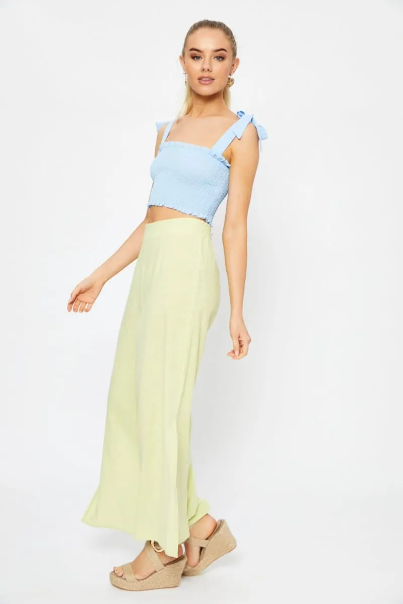 Static free Yellow Linen Blend Elastic Side Slit Wide Leg Pants