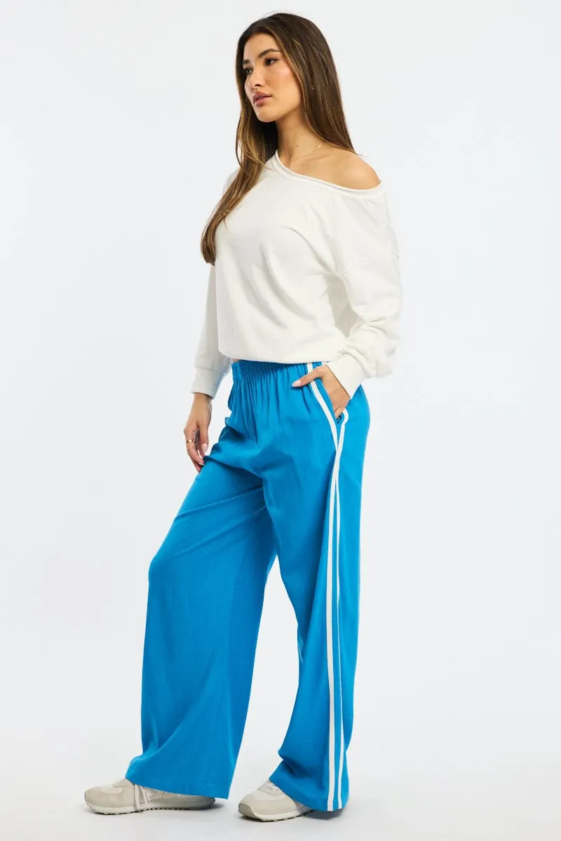 Water Resistant Blue Wide Leg Pants Side Stripe