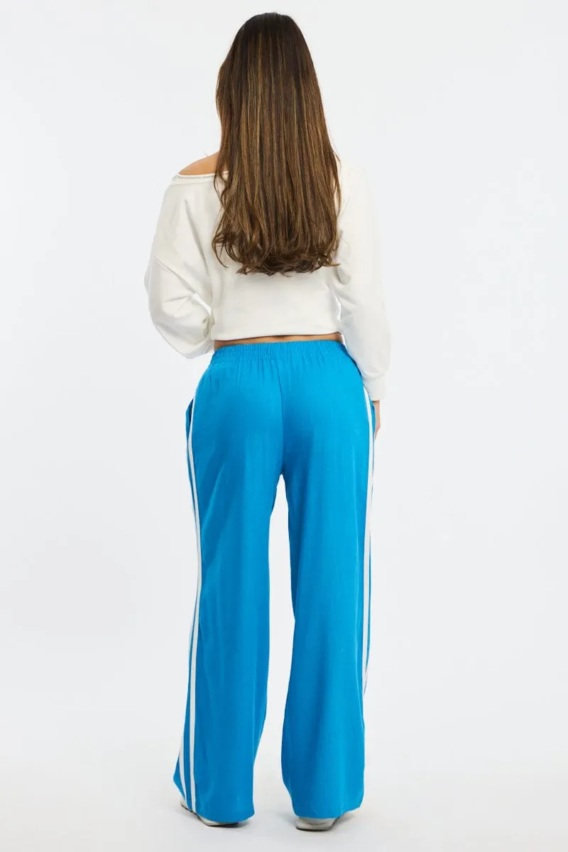 Casual Office Hygienic Coating Blue Wide Leg Pants Side Stripe