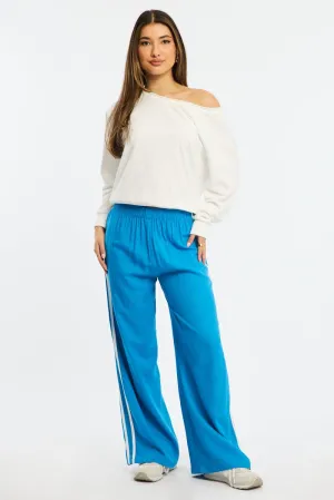 Blue Wide Leg Pants Side Stripe Sleek Look