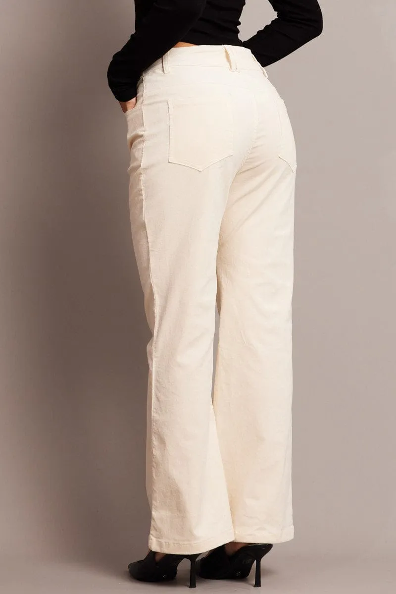 White Wide Leg Pants High Rise Corduroy Durable Hem
