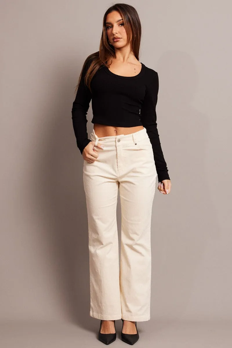 Quick Release Buckle Layered Panel Design White Wide Leg Pants High Rise Corduroy