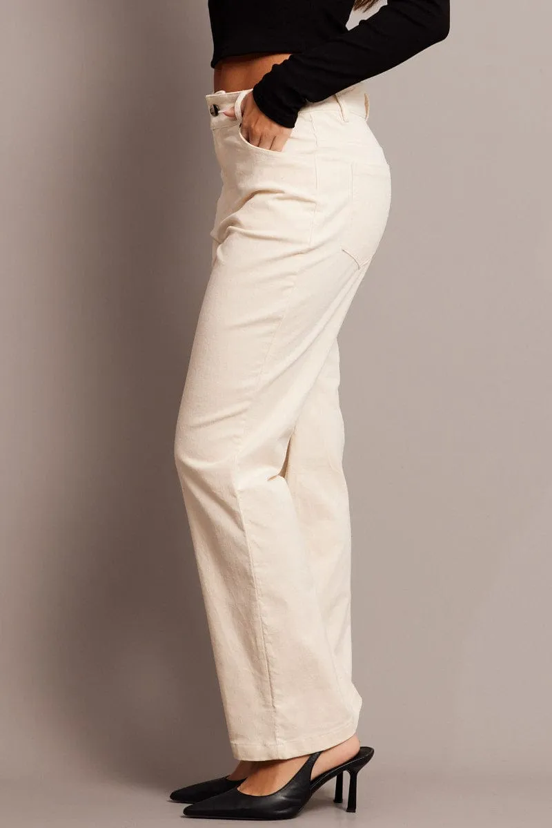 Durable Stitching Stay Dry White Wide Leg Pants High Rise Corduroy