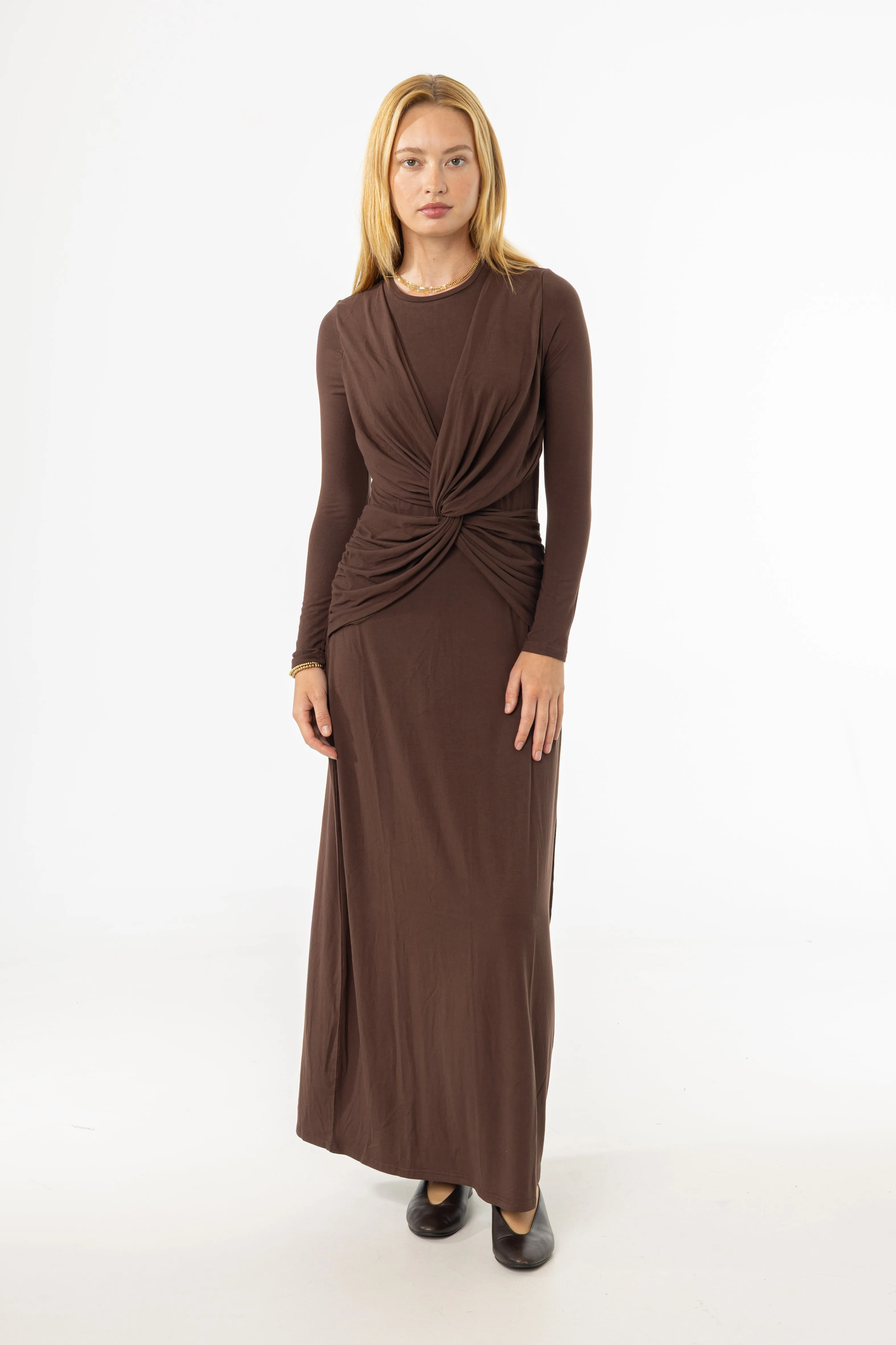 Brown Knot Crossover Maxi Dress Couple Look Antibacterial lining