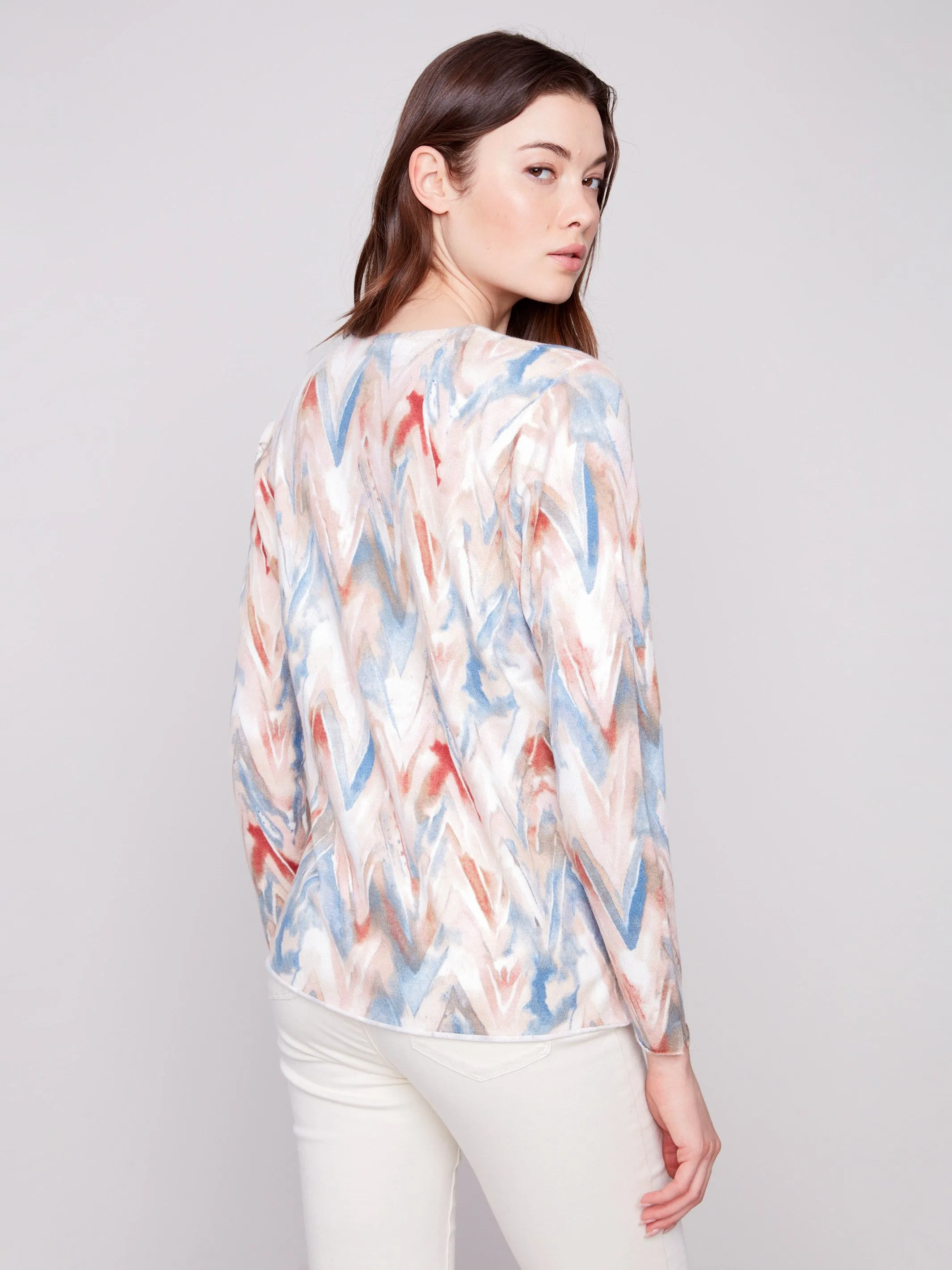 Printed V-Neck Sweater - Chevron Layered Neckline