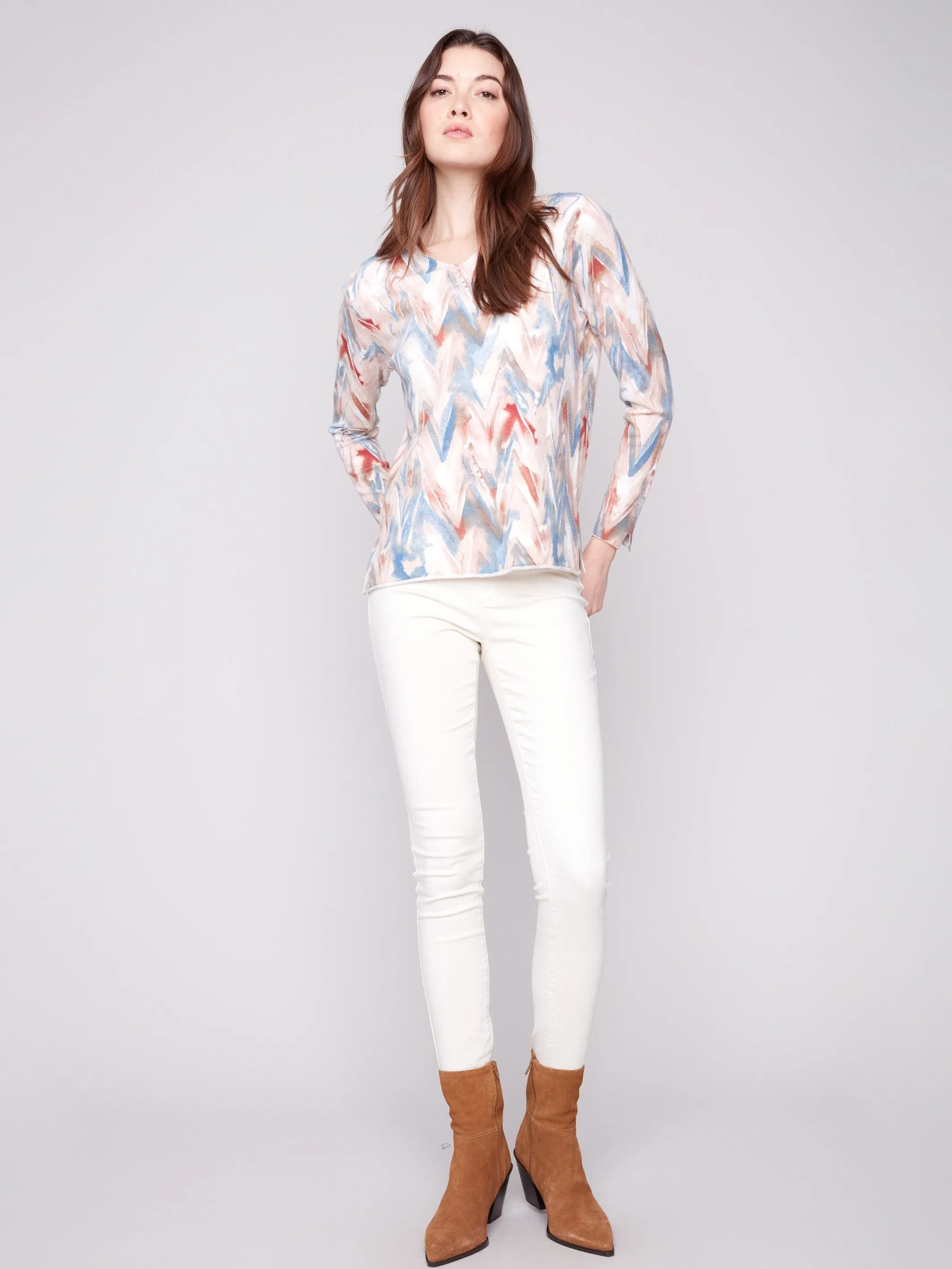 Printed V-Neck Sweater - Chevron Cozy Vibe Non Static Fiber Tech
