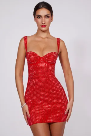 Embellished Corset Mini Dress in Fire Red Double Layered Hem