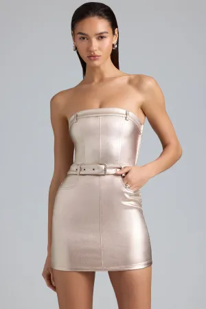 Trendy Silhouette Metallic Denim Belted Strapless Mini Dress in Champagne
