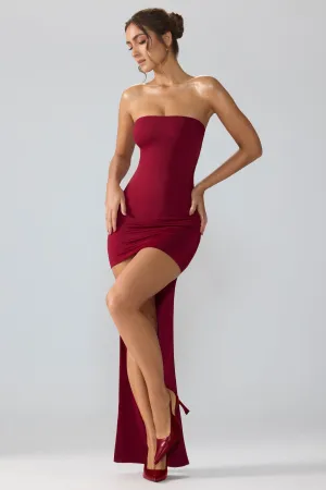 Glitter Mode Leg Show Premium Jersey Lace Up Back Mini Dress with Train in Ruby
