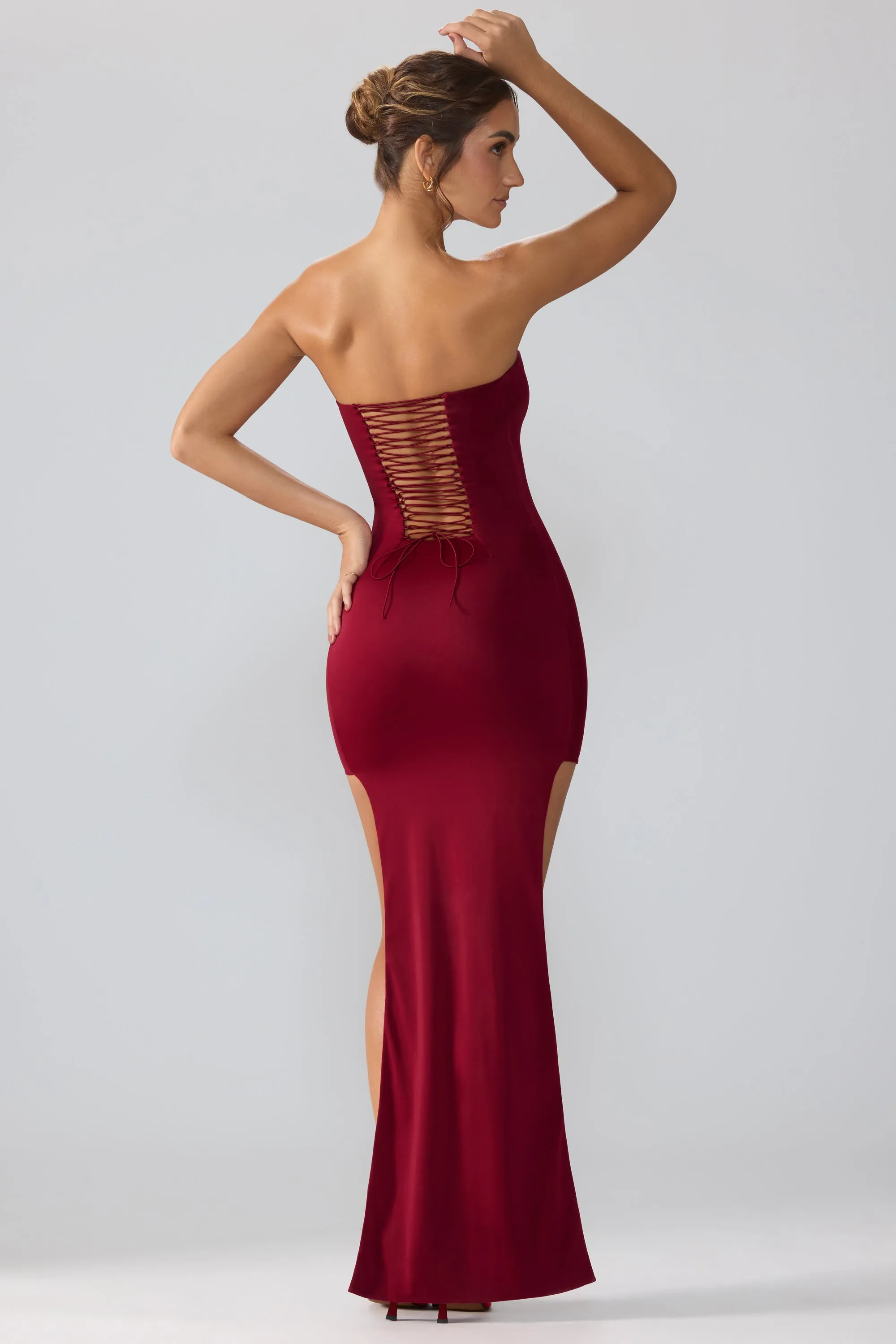 Premium Jersey Lace Up Back Mini Dress with Train in Ruby City Scene
