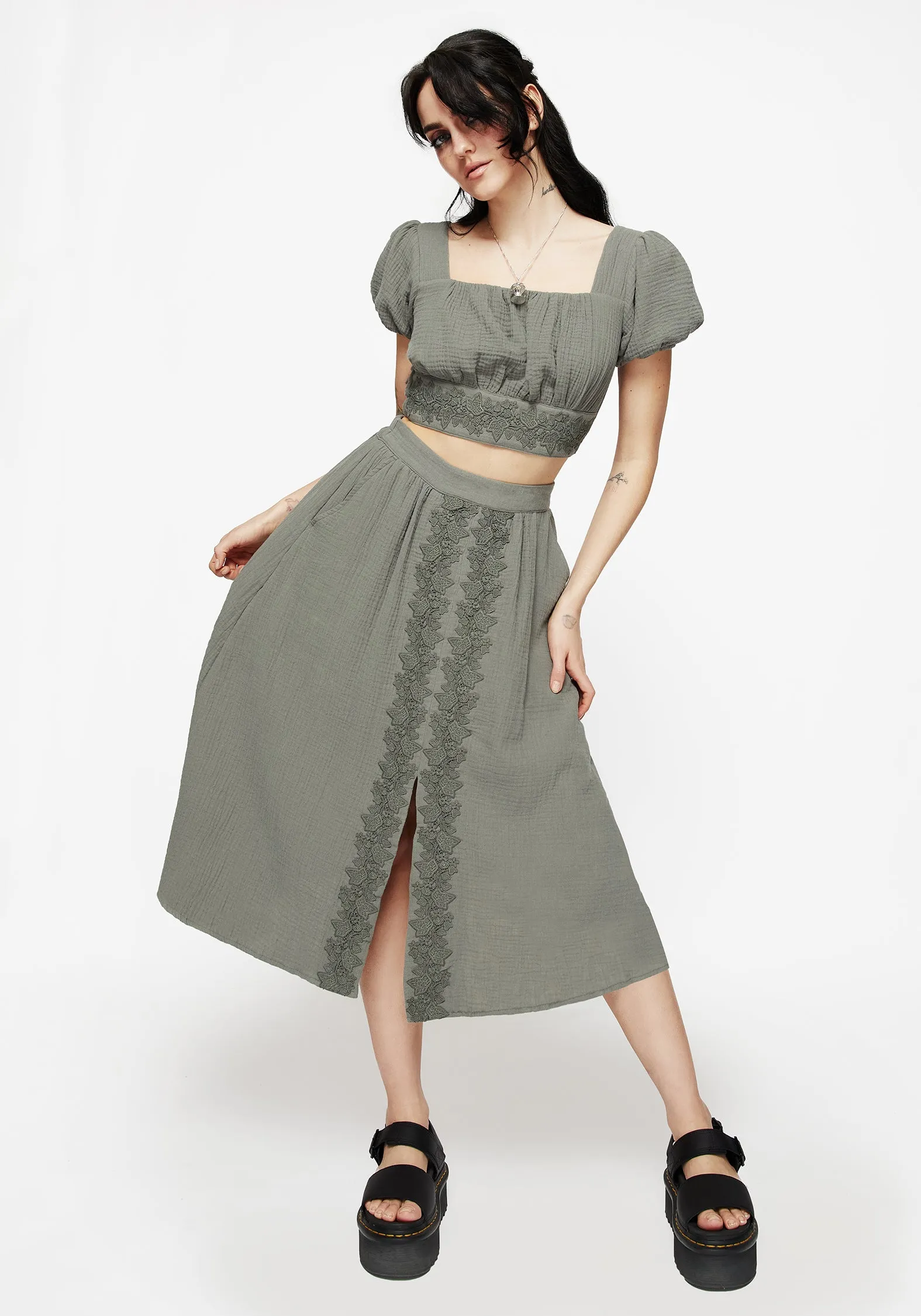 Alder Cotton Ivy Detail Midi Skirt Slip Resistant Waist