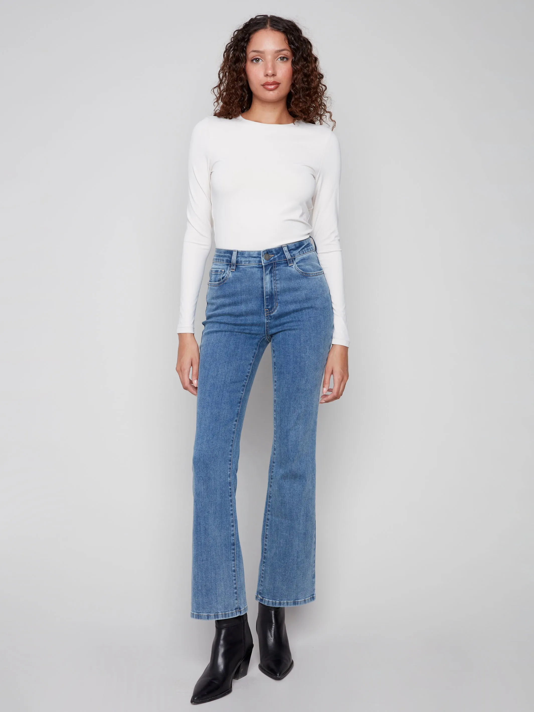 Celine Flare Leg Jeans - Medium Blue Softened Lining Office Wear Weekend Warrior Trend Setter