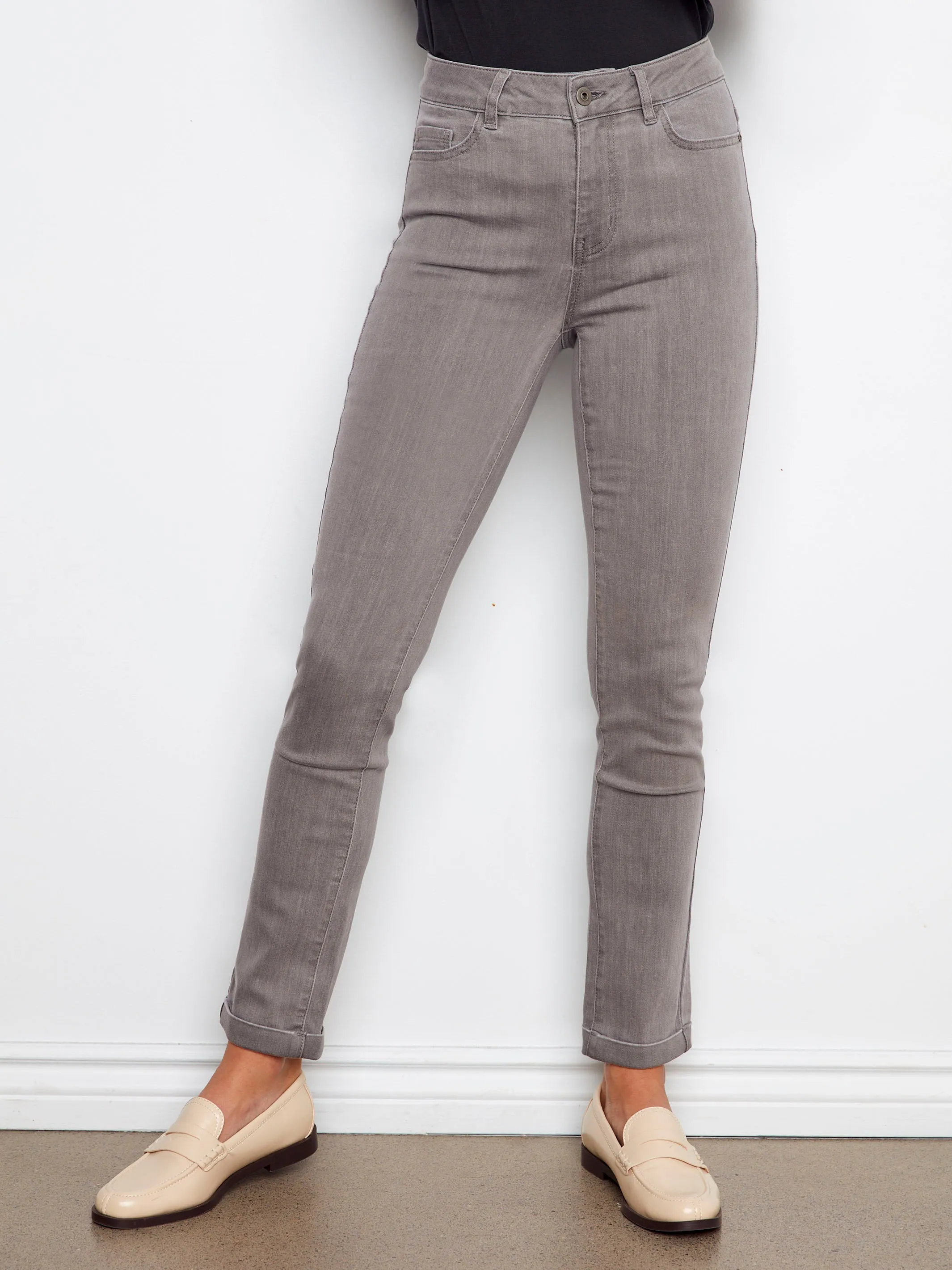 Softened Denim Material Urban Style Cuffed Hem Twill Jeans - Smoke Grey