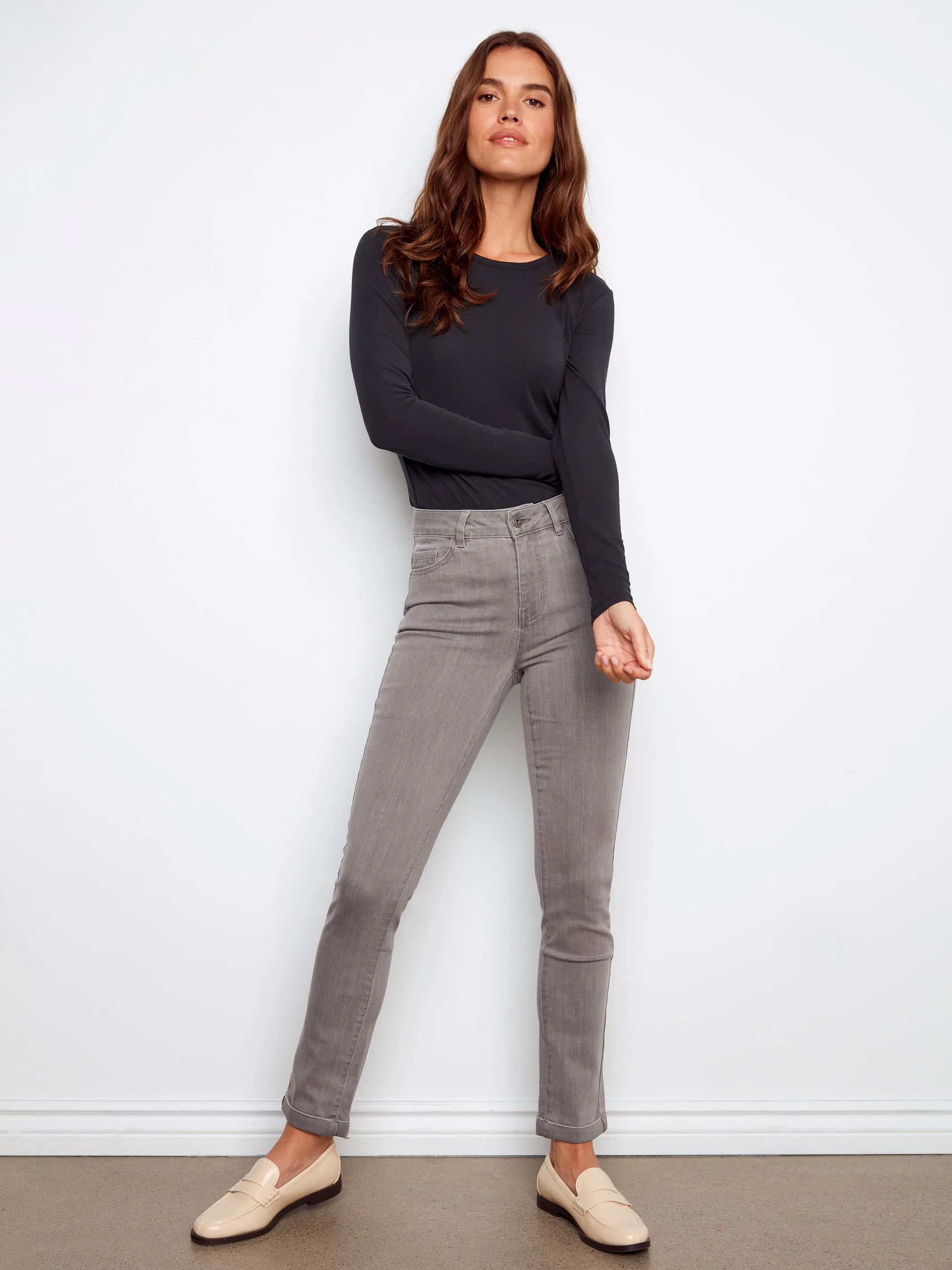 No Fuss Style Couple Look Work Ready Cuffed Hem Twill Jeans - Smoke Grey
