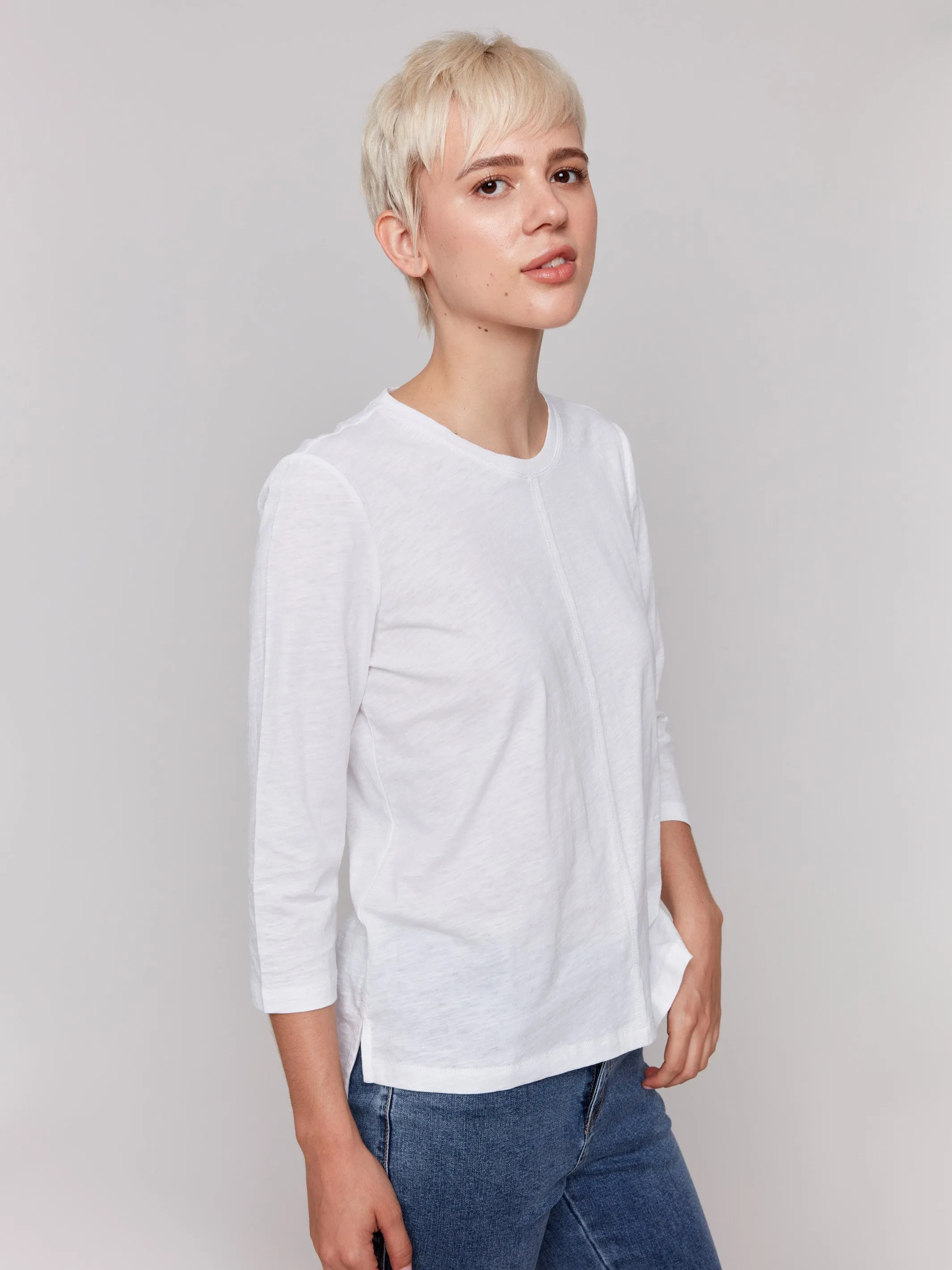 Crew Neck Design Organic Cotton Slub 3/4 Sleeve Top - White
