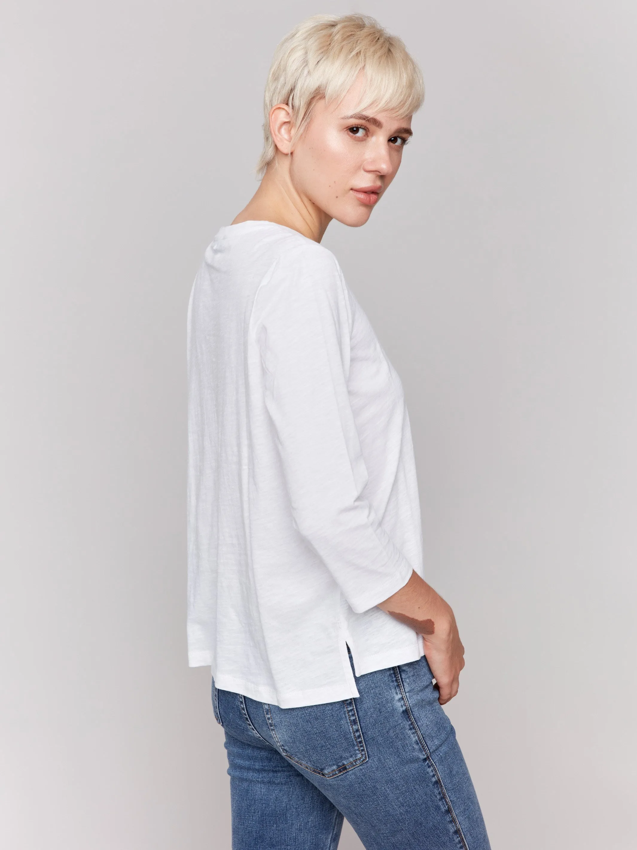 Organic Cotton Slub 3/4 Sleeve Top - White Fresh Comfort Style