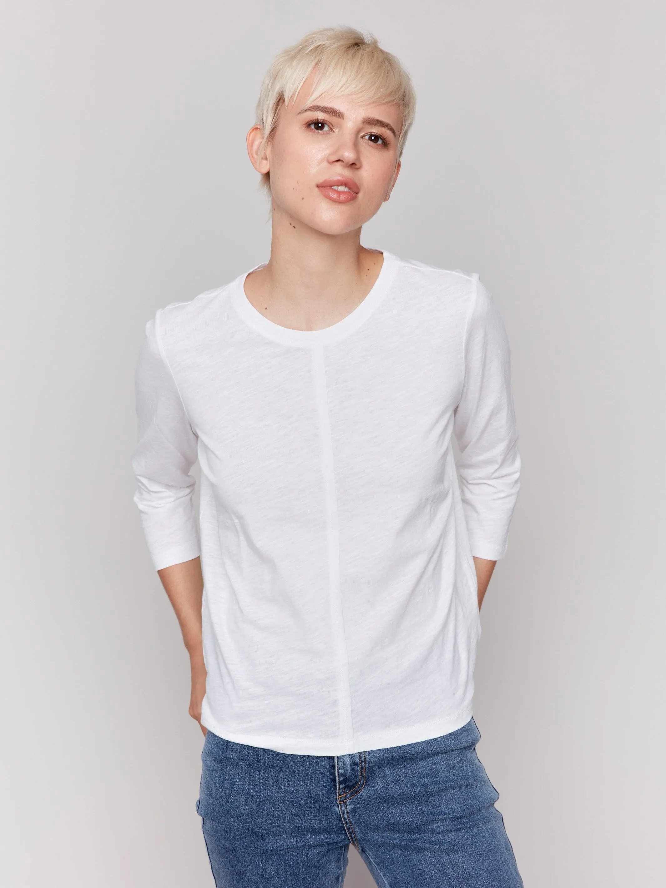 Organic Cotton Slub 3/4 Sleeve Top - White Breathable mesh