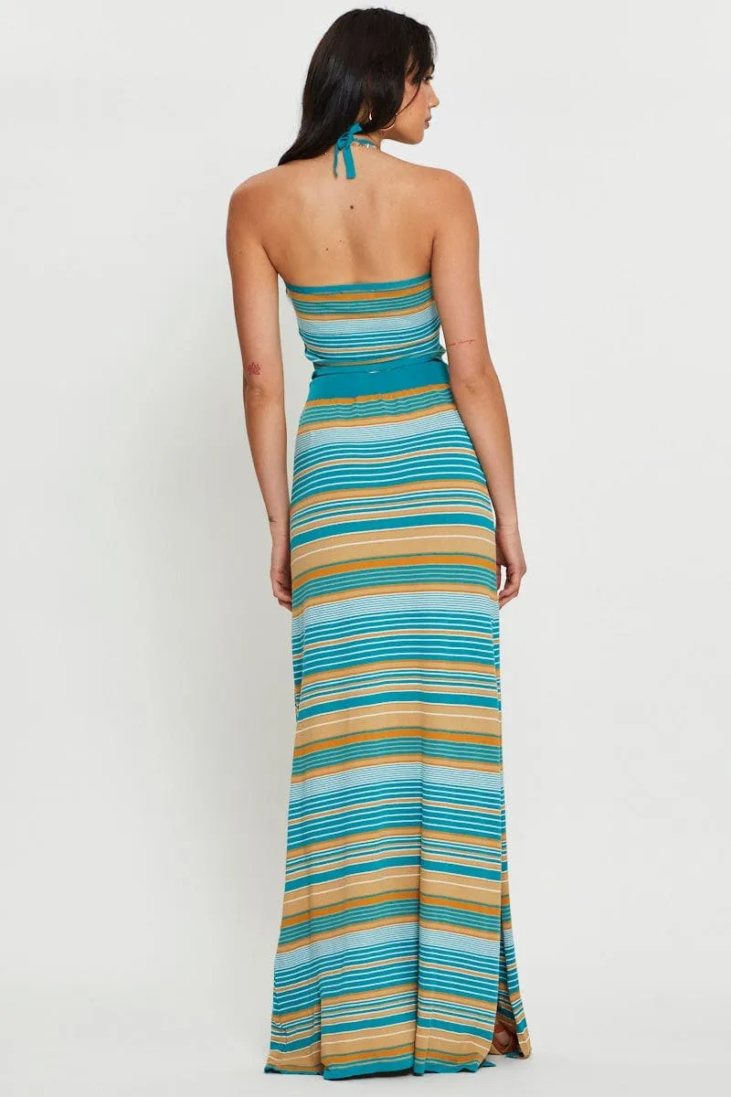 Stripe Knit Skirt Maxi Button Details Elastic hem