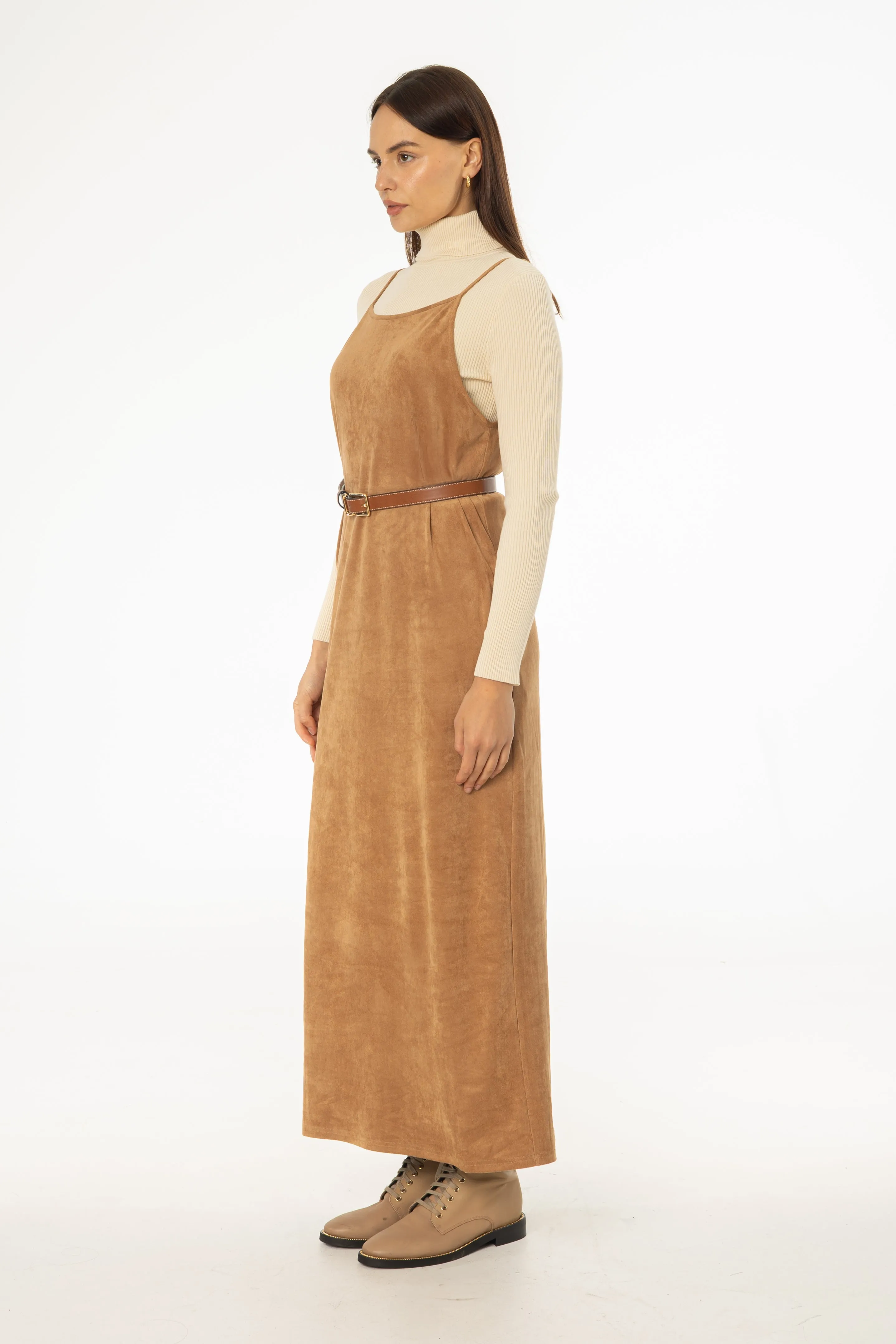 Camel Microsuede Maxi Jumper FlexibleNeckline FourWayStretch