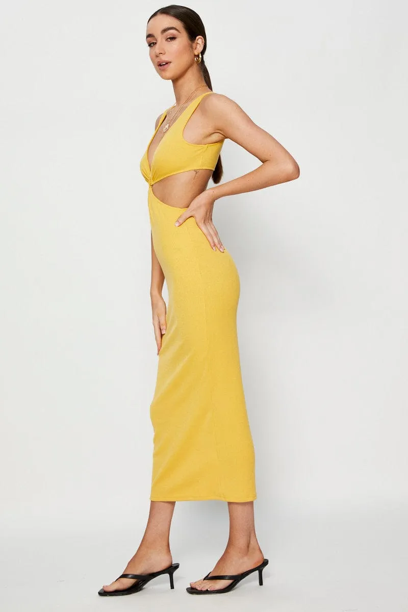 Pack Friendly Charming Style Orange Midi Dress Ribbed Cut Out