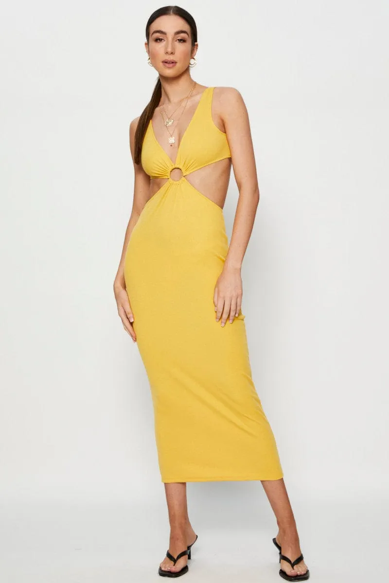 Comfortable Cut Orange Midi Dress Ribbed Cut Out