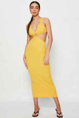 Comfortable Cut Orange Midi Dress Ribbed Cut Out