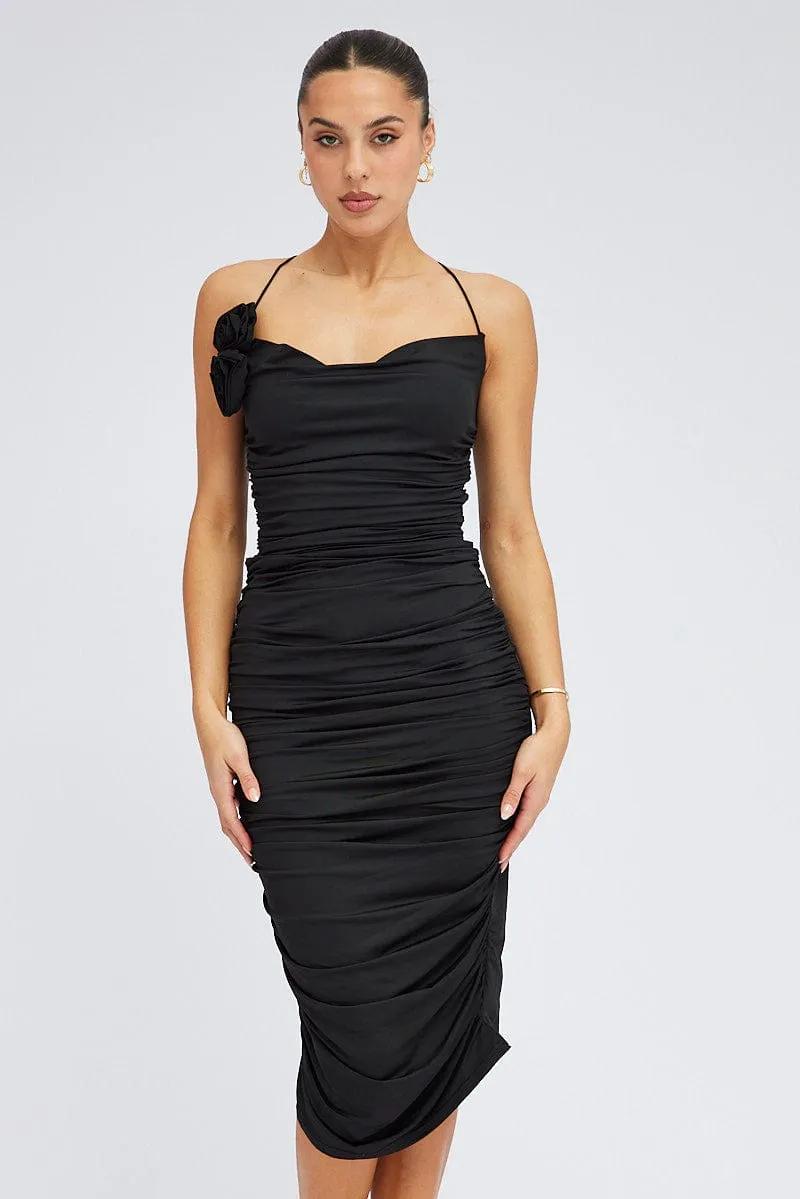 Casual yet elegant dress Comfy Smart Black Bodycon Midi Dress Rose Strappy Rosette Gathered