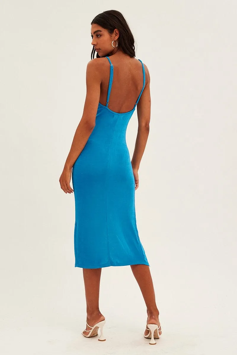 Day To Night Bohemian-inspired midi Blue Cowl Neck Slip Midi Dress