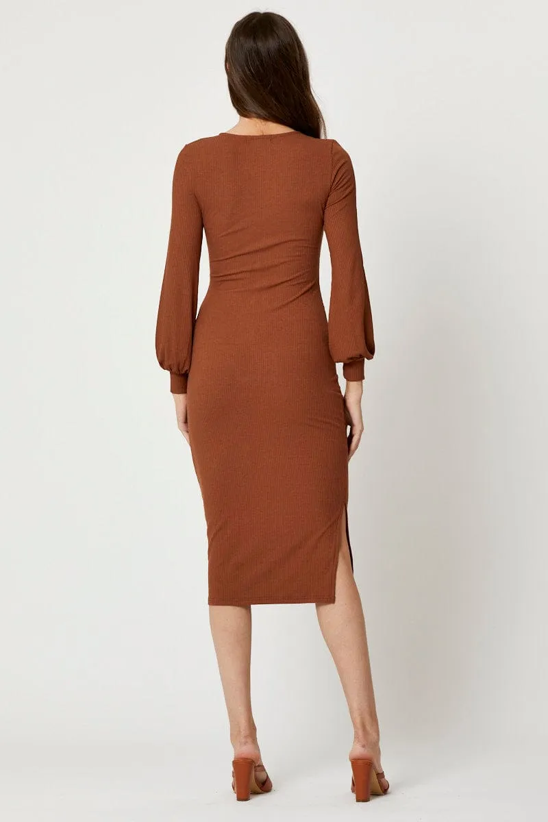 Brown Ribbed Drawstring Midi Dress Comfortable party dress chic aesthetic