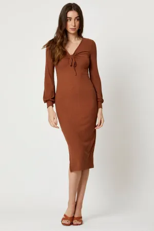 Dance Floor Brown Ribbed Drawstring Midi Dress
