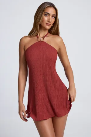 Hardware Detail Open-Back Halterneck Micro Mini Dress in Auburn Brown Shine Glow
