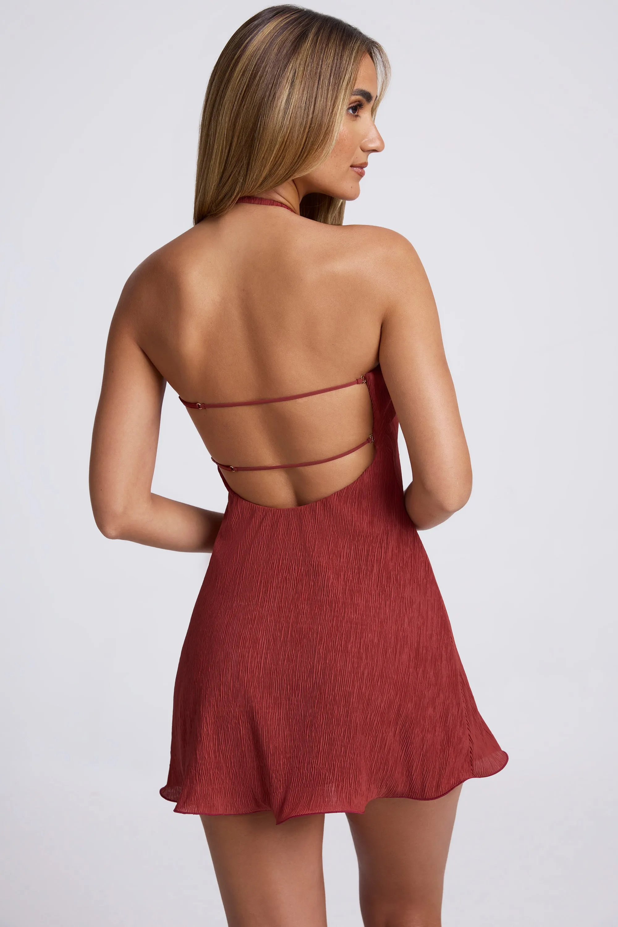 Hardware Detail Open-Back Halterneck Micro Mini Dress in Auburn Brown Adjustable Hem
