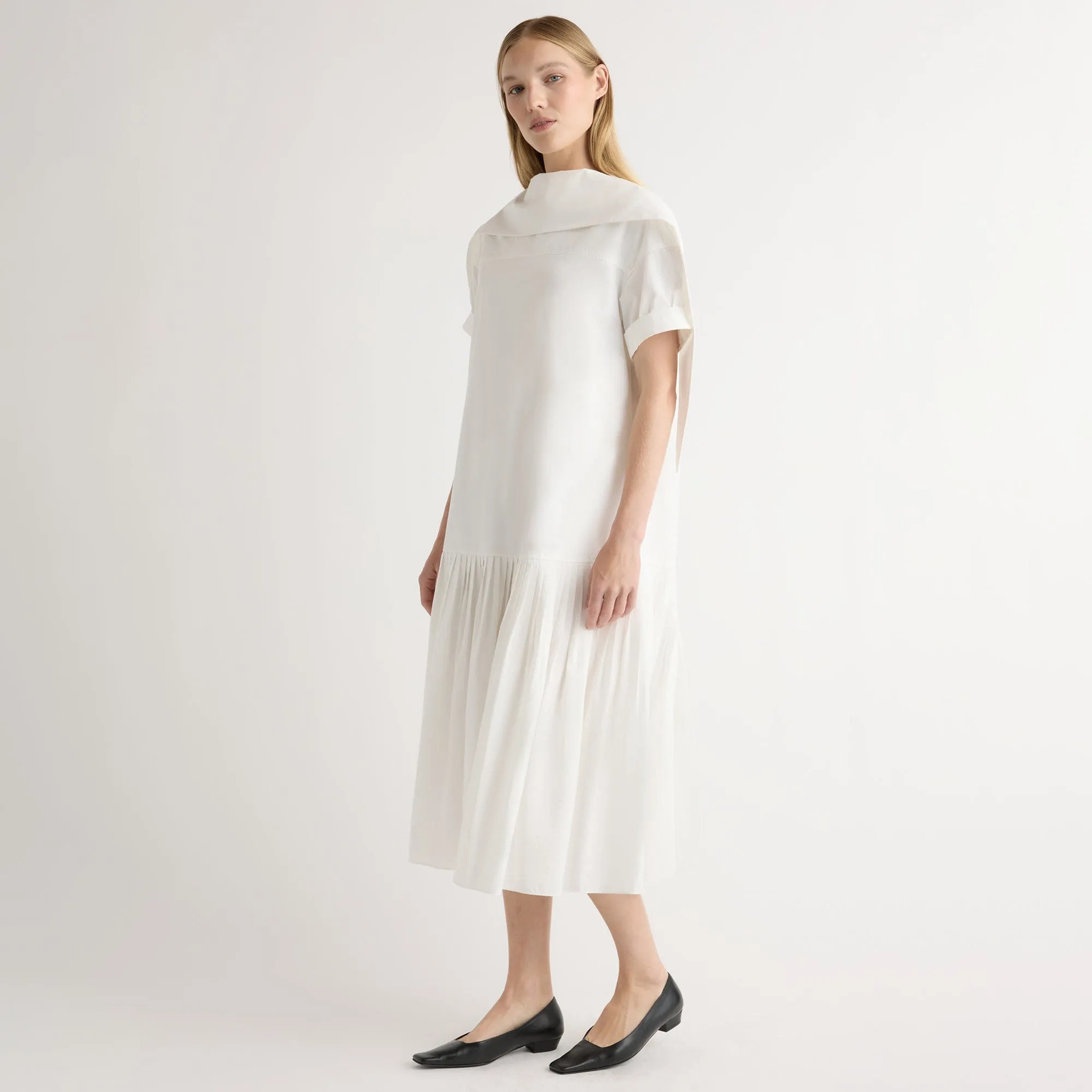 Stretch Fabric Elegant Tunic Babba Shirred Scarf-Neck Dress