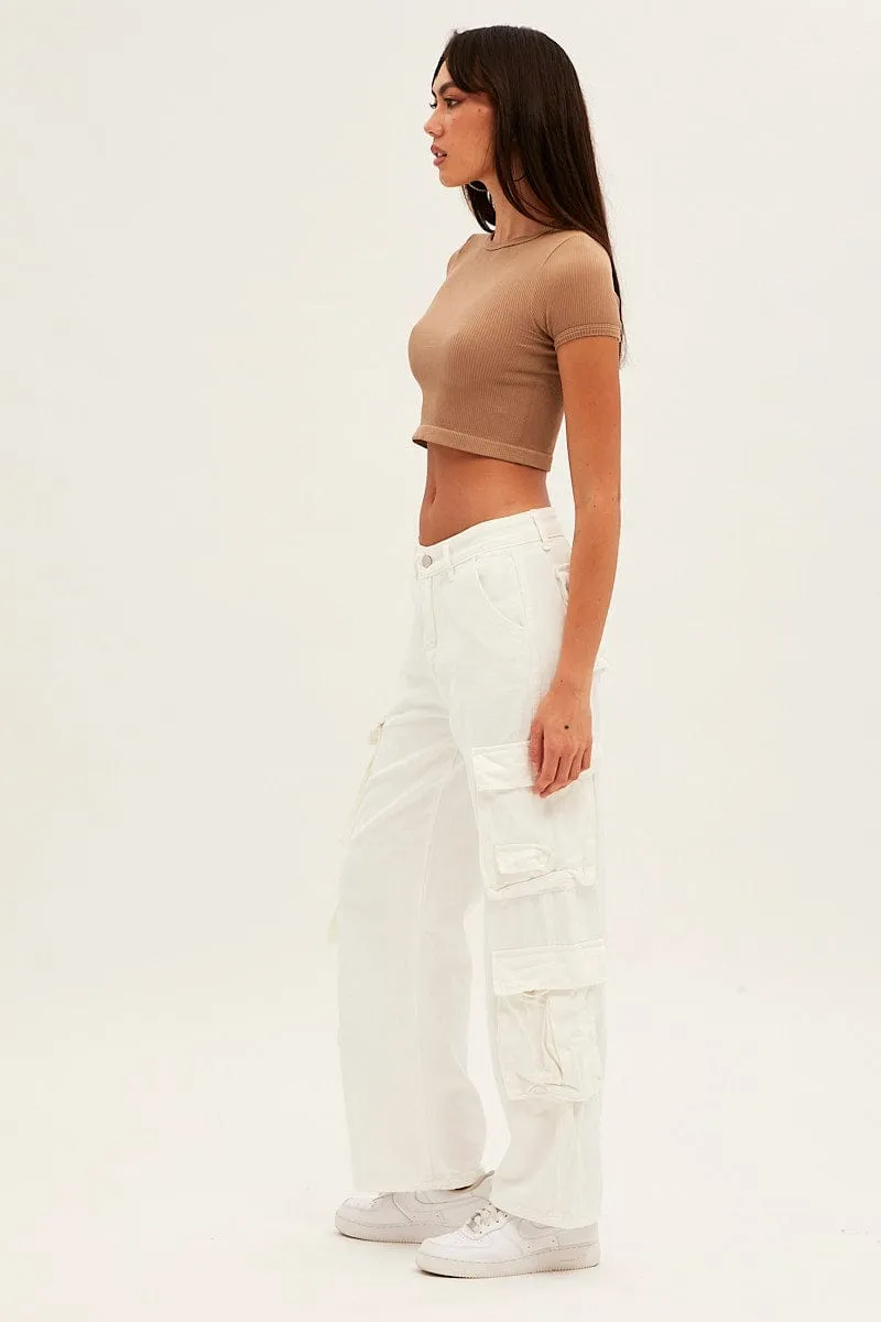 Anti Chafe Lining RecyclablePackaging White Wide Leg Cargo Pants