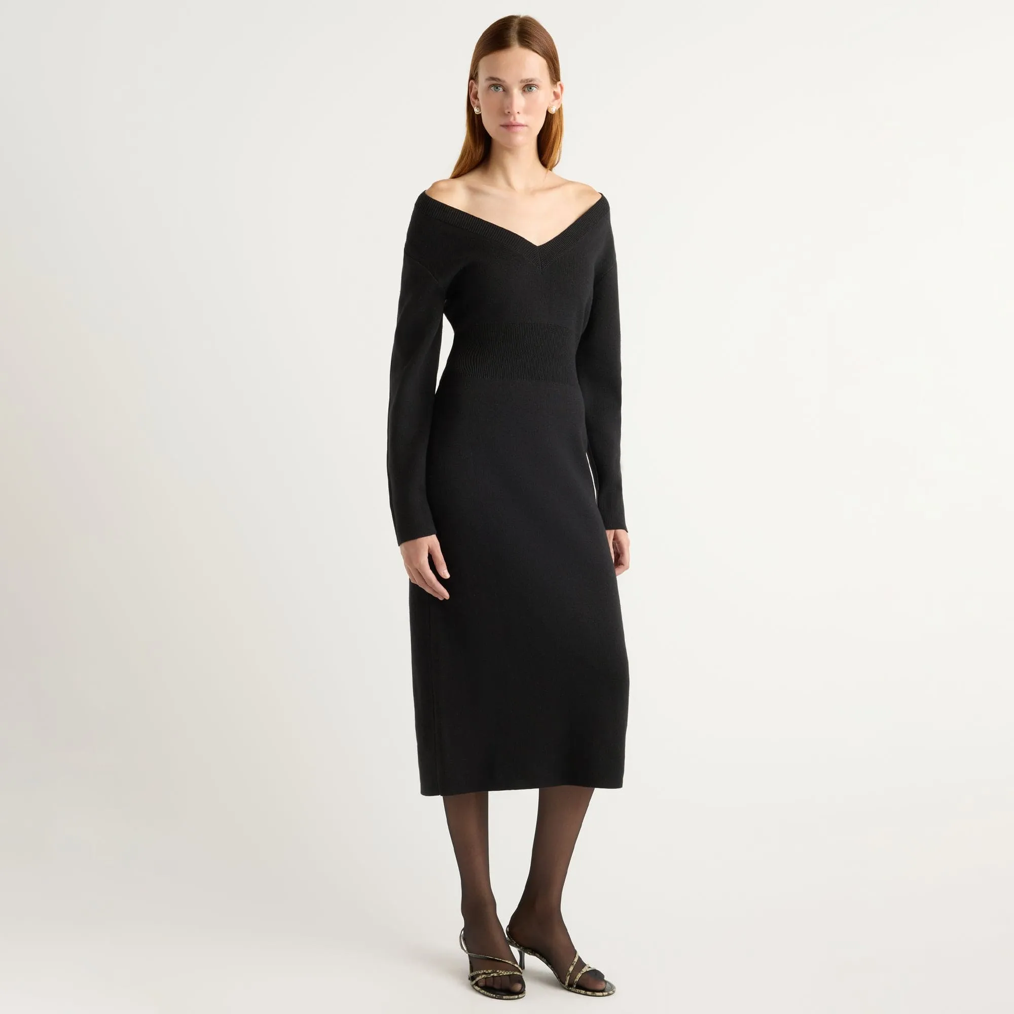 Stretch Ease Peace Glow Bora Off-Shoulder V-Neck Sweater Dress