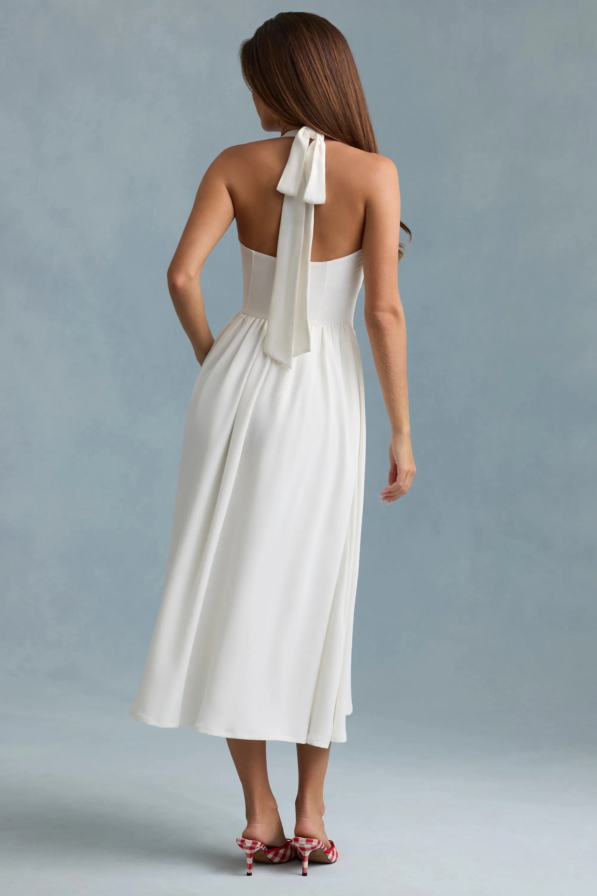Magic Glow Button-Detail Halterneck Midaxi Dress in White