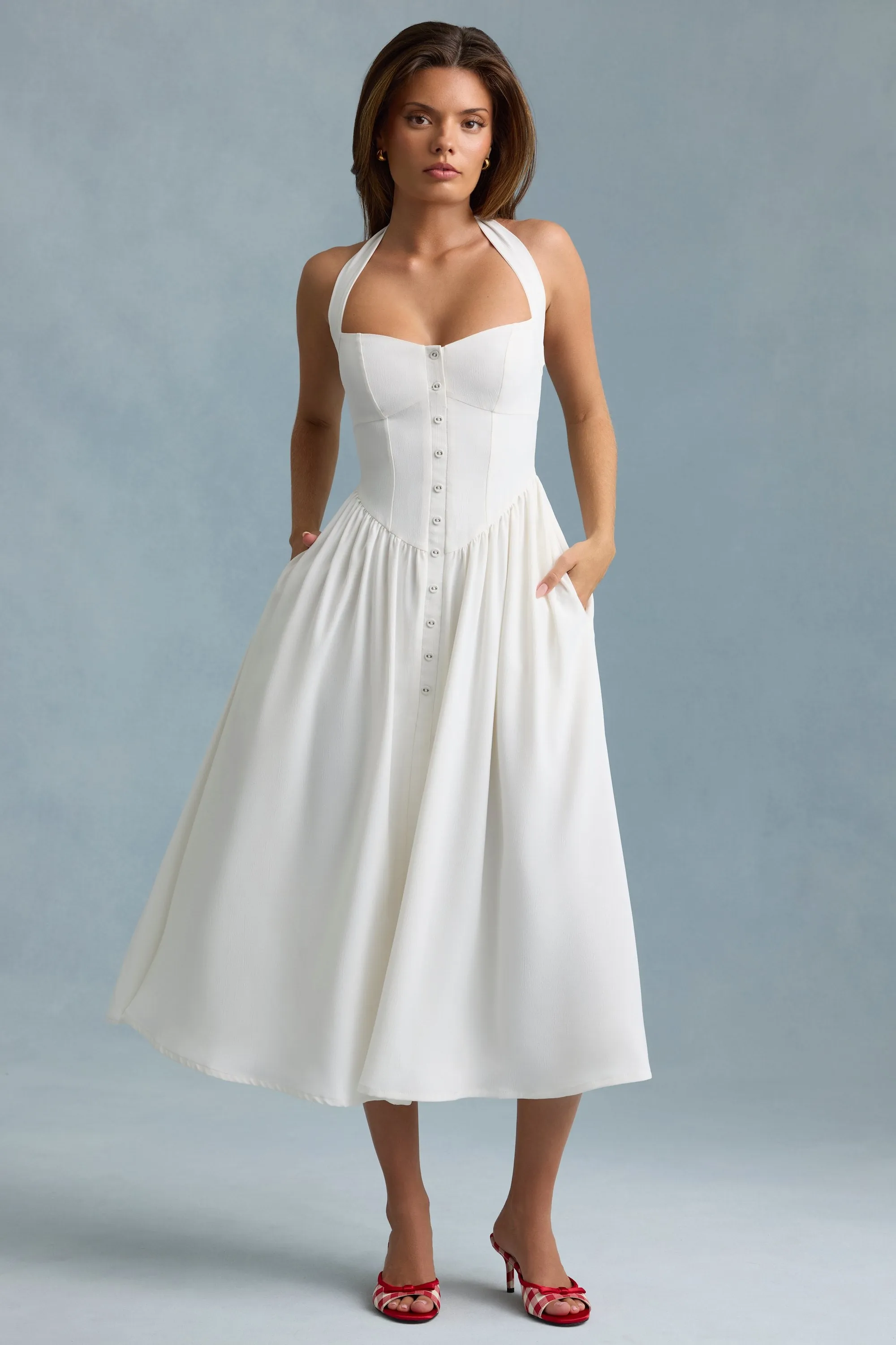 Button-Detail Halterneck Midaxi Dress in White Relaxed trousers Trendy Outerwear