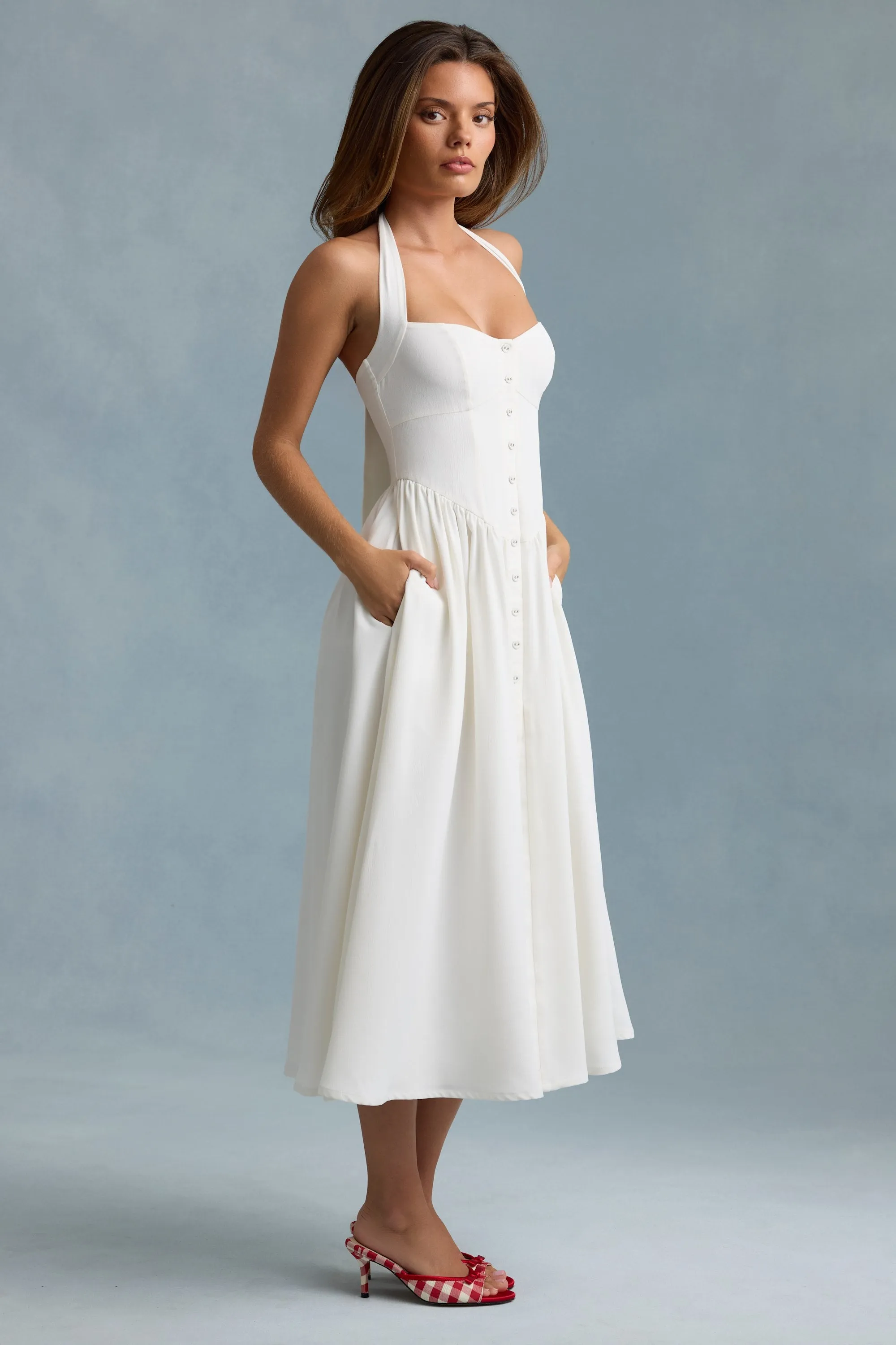 Button-Detail Halterneck Midaxi Dress in White SoftTouch Office Glam