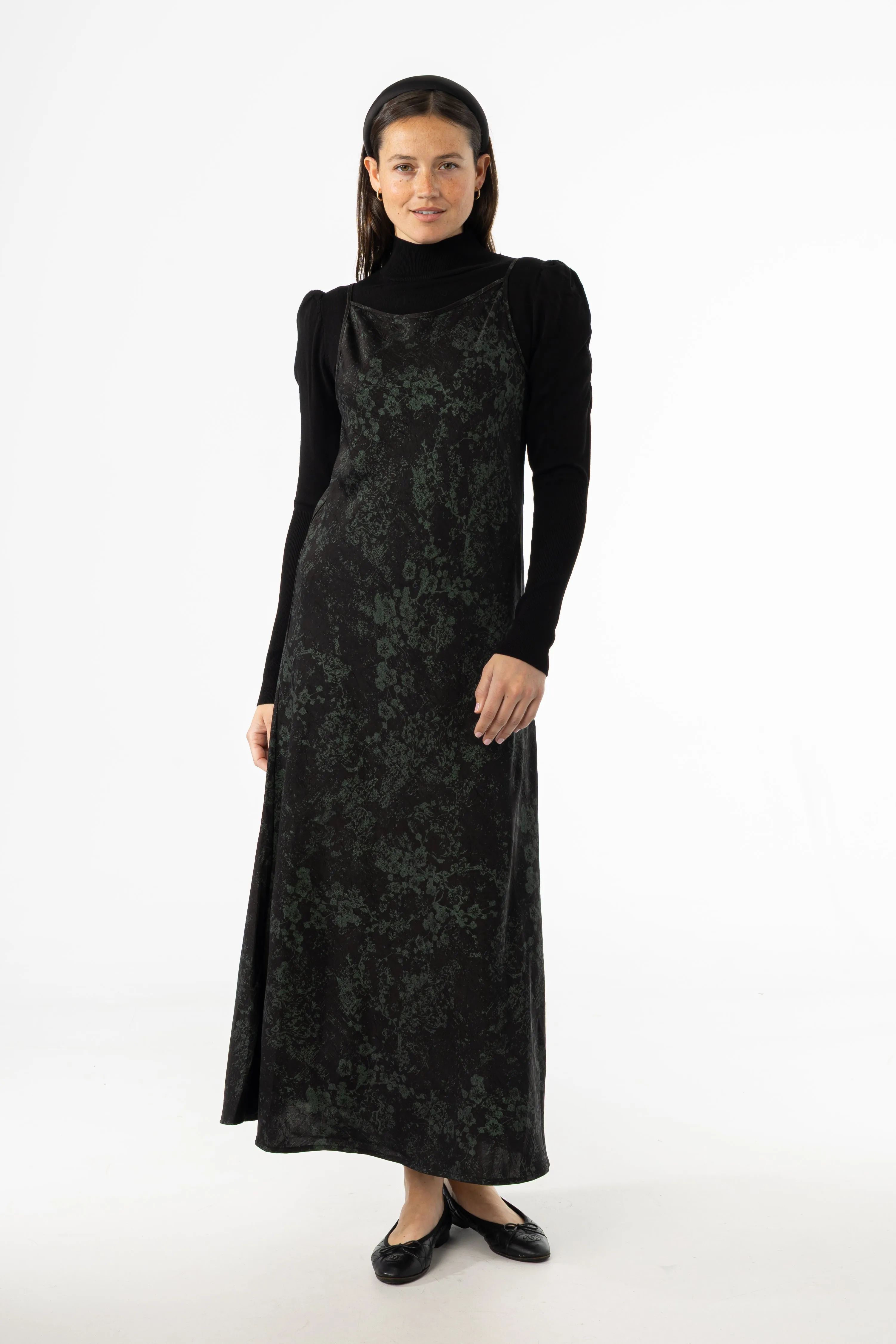 Business Attire Black & Green Printed Slip Dress